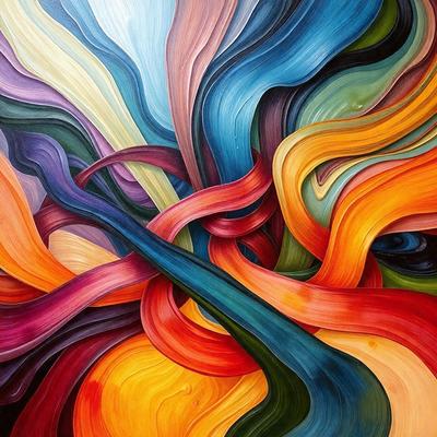 The primary subject of the image is a painting featuring a vibrant and colorful design. The painting is set against a backdrop of a colorful, swirling, and abstract pattern. The visual style of the painting is a mix of digital art and illustration, creating a unique and eye-catching piece. The dominant colors in the painting are red, orange, and blue, which contribute to a lively and energetic atmosphere.